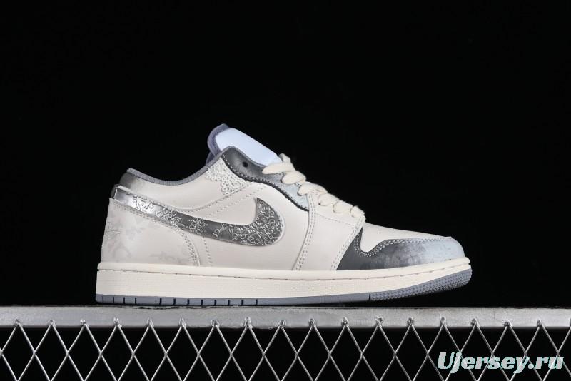 Nike Air Jordan 1 Low AJ1 Panda Prank Modern Gray Floral Low-Top Casual Sneakers - 553560-053
