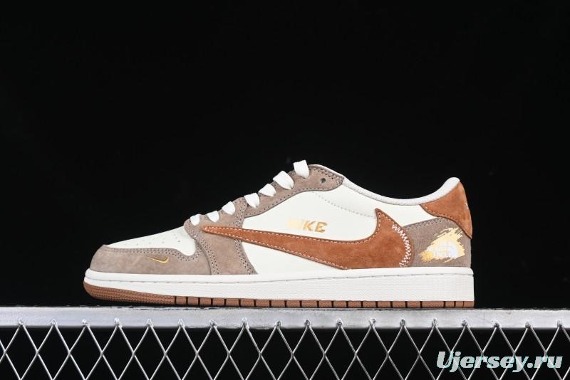 Nike Travis Scott x Fragment Design x Air Jordan 1 Low OG SP AJ1 Mocha Gold Low-top Casual Sneakers - DM7866-040