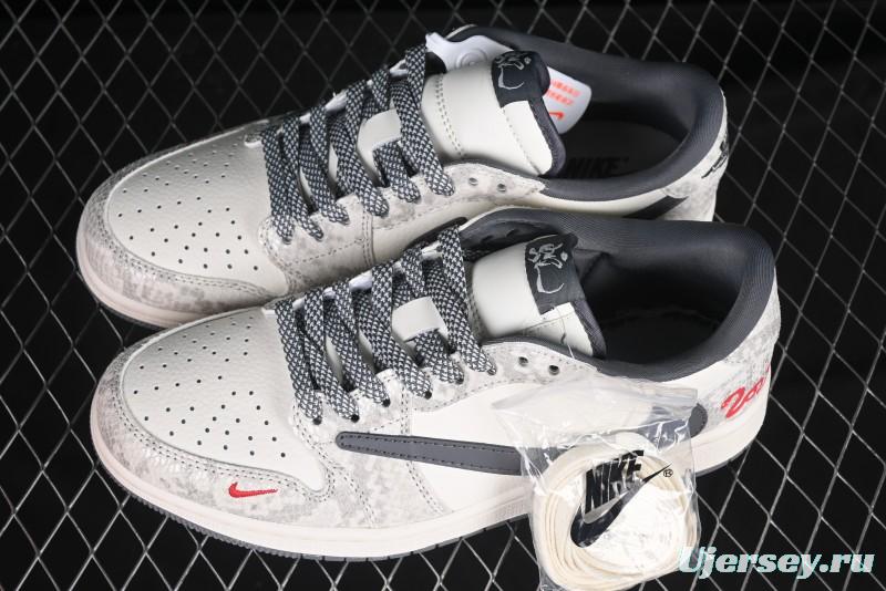 Nike Travis Scott x Fragment Design x Air Jordan 1 Low OG SP AJ1 Snake Year Limited Grey Snake Scale with Grey Swoosh Low-top Casual Sneakers - XS3086-009