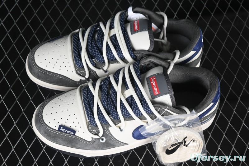 Nike SB Dunk Low Supreme Collaboration - Grey White Blue Swoosh Lace-Up Anniversary Customized Low-Top Casual Skate Shoes - XS1186-100