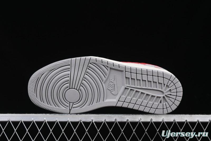 Nike Air Jordan 1 Low AJ1 Supreme Collaboration - White Grey Red Swoosh Retro Basketball Shoes - SJ9950-024
