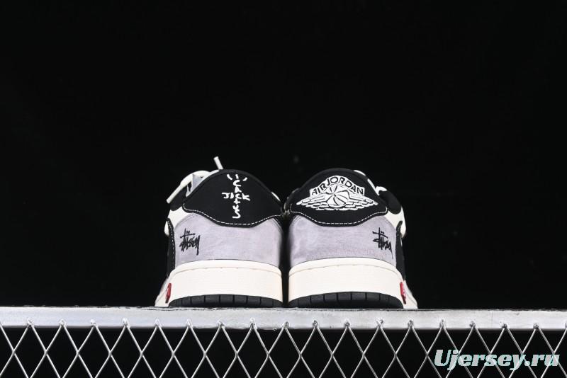 Nike Travis Scott x Fragment Design x Air Jordan 1 Low OG SP AJ1 Stussy Collaboration - Black Hook Dual-Tone Drawstring Low-Top Casual Sneakers - SJ0086-139