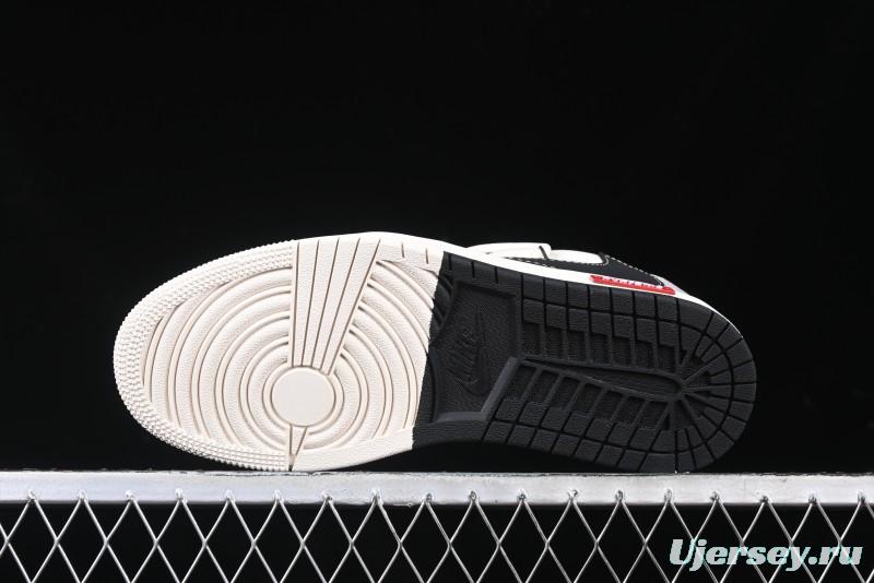 Nike Travis Scott x Fragment Design x Air Jordan 1 Low OG SP AJ1 Stussy Collaboration - Black Hook Dual-Tone Drawstring Low-Top Casual Sneakers - SJ0086-139