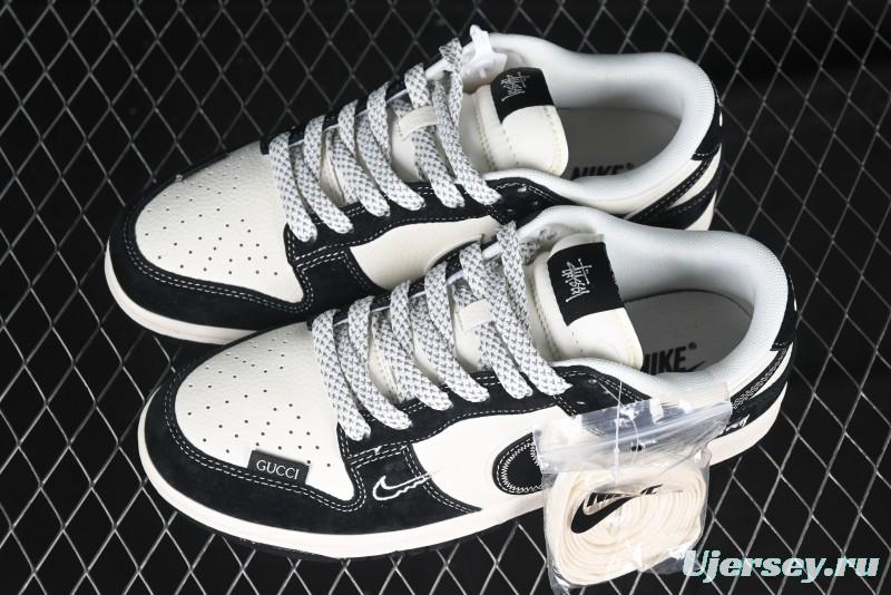 Nike SB Dunk Low Stussy x Gucci Triple Collaboration - Irregular Black Swoosh Anniversary Custom Low-Top Casual Sneakers - FC1688-196