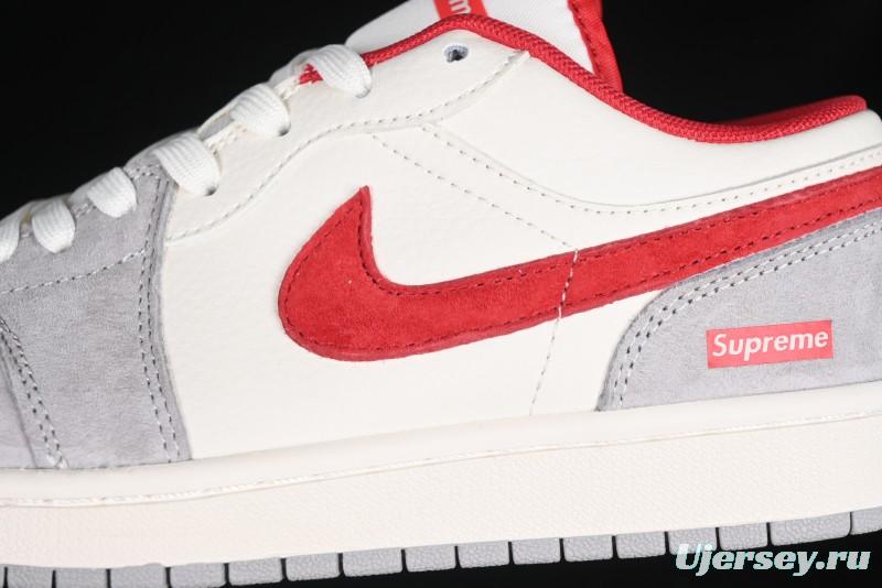 Nike Air Jordan 1 Low AJ1 Supreme Collaboration - White Grey Red Swoosh Retro Basketball Shoes - SJ9950-024