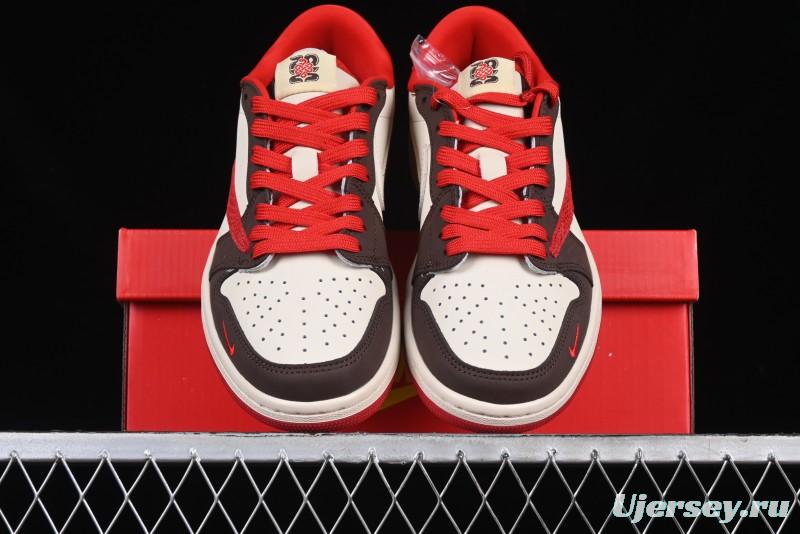 Nike Travis Scott x Fragment Design x Air Jordan 1 Low OG SP AJ1 Snake Year Limited Edition Snake Scale Red Hook Low Top Lifestyle Casual Sneakers - CH6336-020