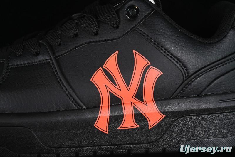 NY Yankees Black Leather Sneakers – Bold Orange Logo Edition