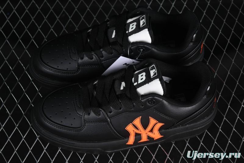 NY Yankees Black Leather Sneakers with Bold Orange Logo