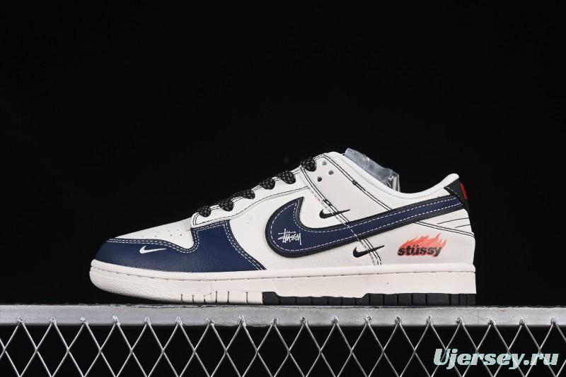 Nike SB Dunk Low Stussy Collaboration Beige Blue Flame Anniversary Custom Low-Top Casual Skate Shoes - ZH2598-226