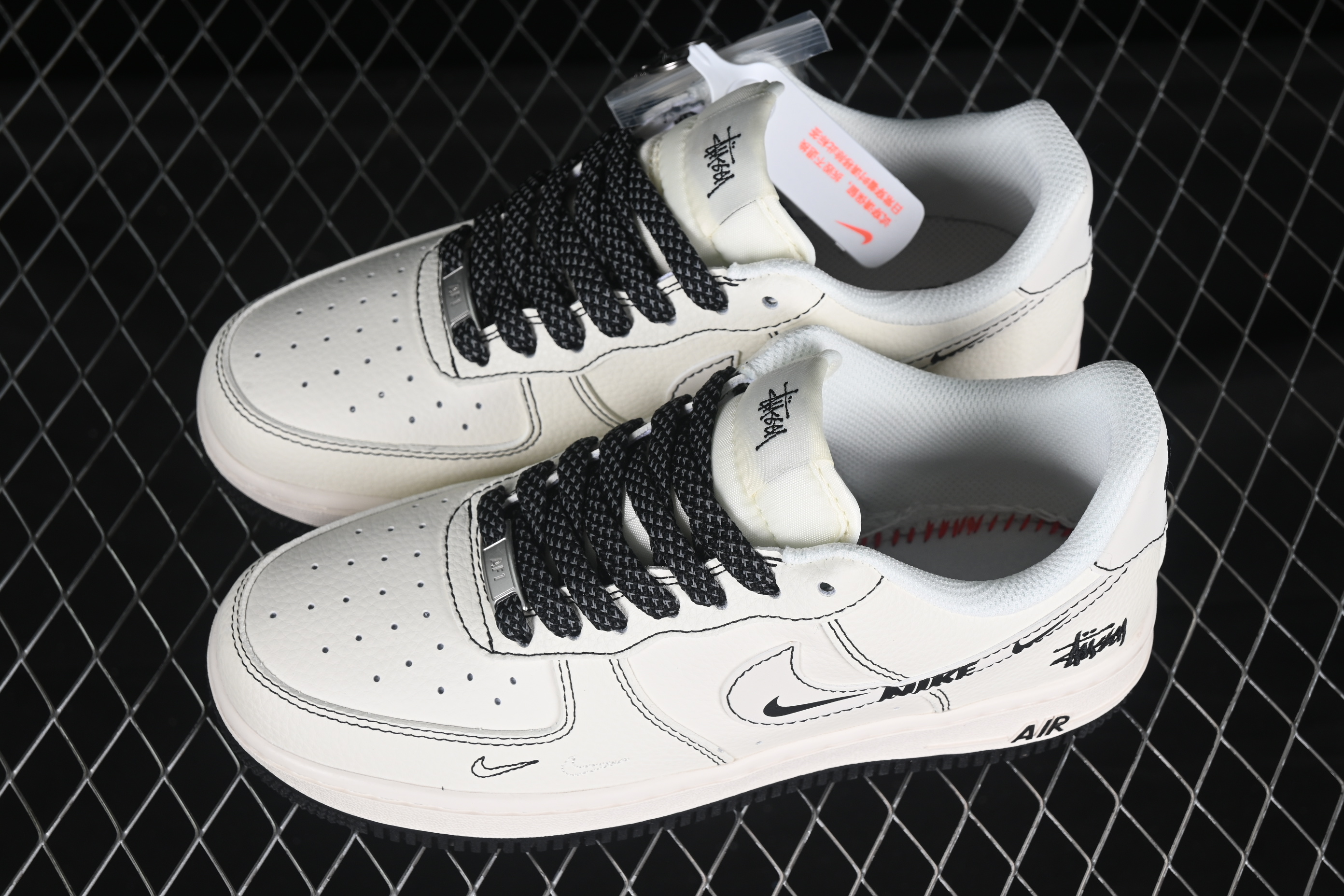Nike Air Force 1 '07 Low Stussy Collaboration Black Swoosh Casual Sneakers - HH7518-062
