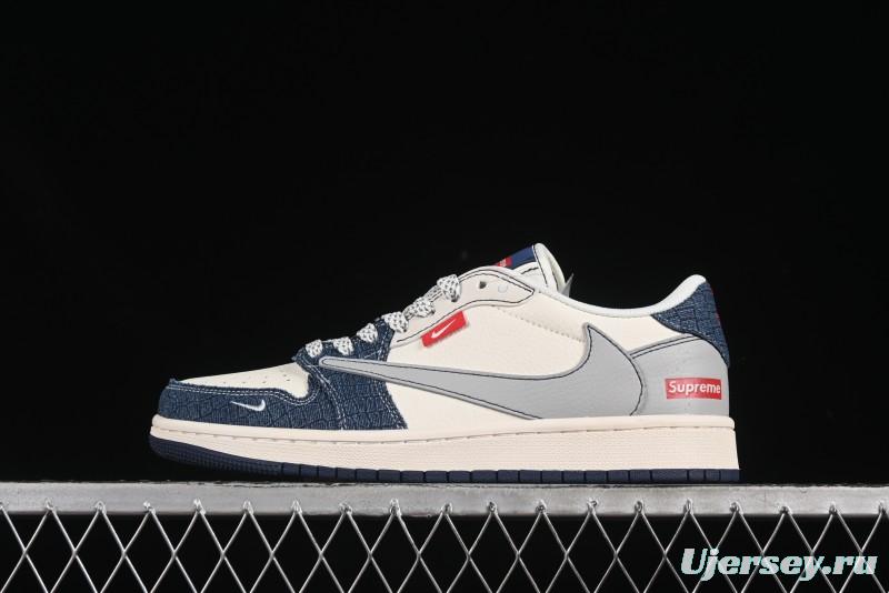 Nike Travis Scott x Fragment Design x Air Jordan 1 Low OG SP AJ1 Supreme Collaboration Grey Blue Denim Low-Top Casual Sneakers - JJ2508-565
