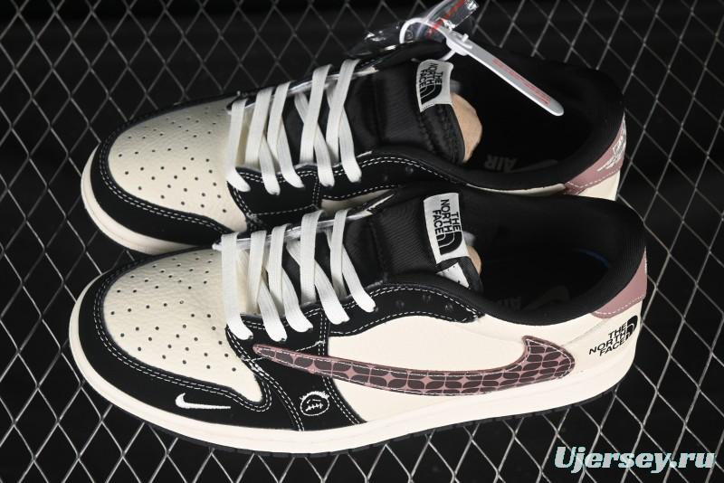 Nike Travis Scott x Fragment Design x Air Jordan 1 Low OG SP AJ1 North Face Collaboration Beige Brown Checkered Low-Top Casual Sneakers - XS2024-036