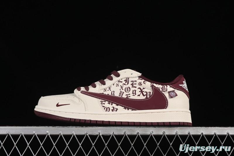 Nike Travis Scott x Fragment Design x Air Jordan 1 Low OG SP AJ1 Cross Hoodie Collaboration Brown Print Low-top Casual Sneakers - LD2025-016