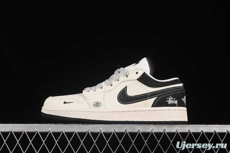 Nike Air Jordan 1 Low AJ1 Stussy Beige Black Canvas Custom High-End Retro Basketball Shoes - XS6086-561