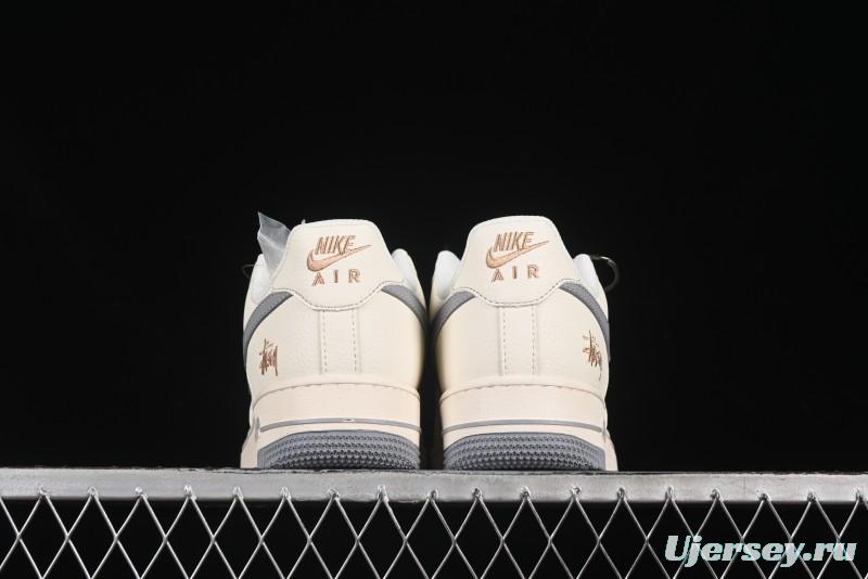 Nike Air Force 1 '07 Low Stussy Collaboration Gold Embroidery Grey Swoosh Casual Sneakers - XX3168-150