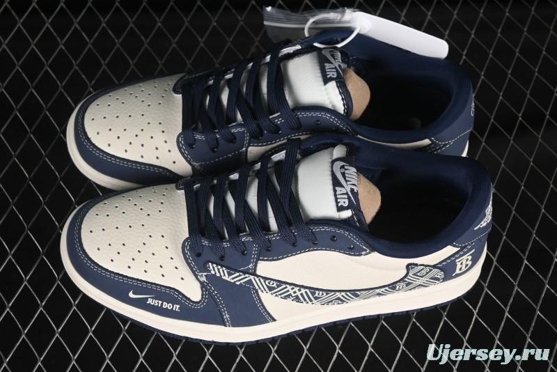 Nike Travis Scott x Fragment Design x Air Jordan 1 Low OG SP AJ1 Burberry Collaboration Dark Blue Swoosh Low-Top Casual Sneakers - LD2025-014