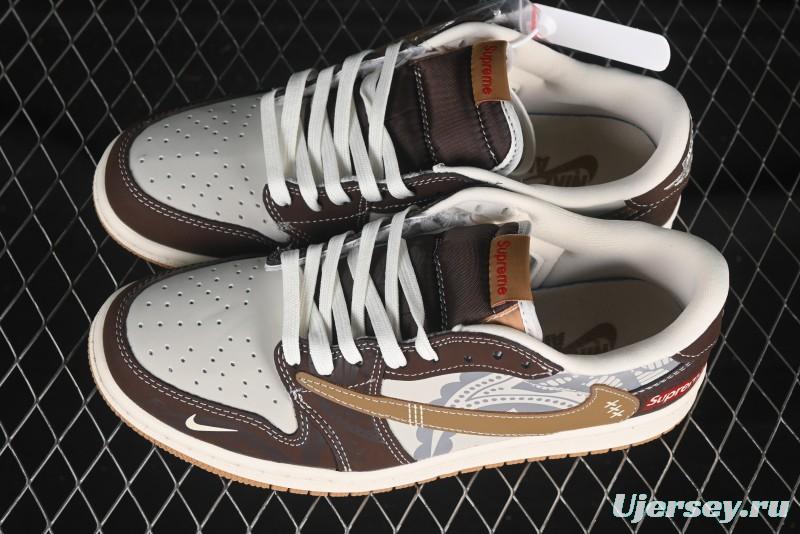 Nike Travis Scott x Fragment Design x Air Jordan 1 Low OG SP AJ1 Supreme Collaboration Brown Graffiti Low-Top Casual Sneakers - XS2024-055
