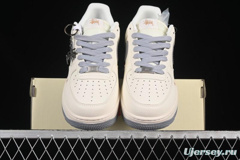 Nike Air Force 1 '07 Low Stussy Collaboration Gold Embroidery Grey Swoosh Casual Sneakers - XX3168-150