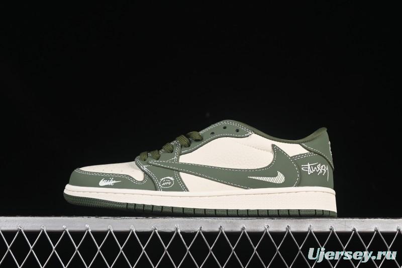 Nike Travis Scott x Fragment Design x Air Jordan 1 Low OG SP AJ1 Stussy Collaboration Oil Green Swoosh Low Top Casual Sneakers - XS2024-025