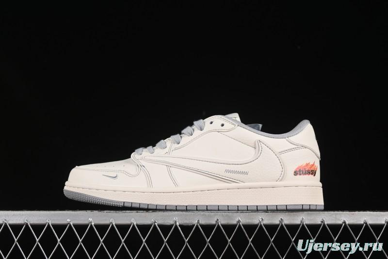 Nike Travis Scott x Fragment Design x Air Jordan 1 Low OG SP AJ1 Stussy Collaboration Light Grey Flame Low-top Casual Sneakers - ZH2598-228