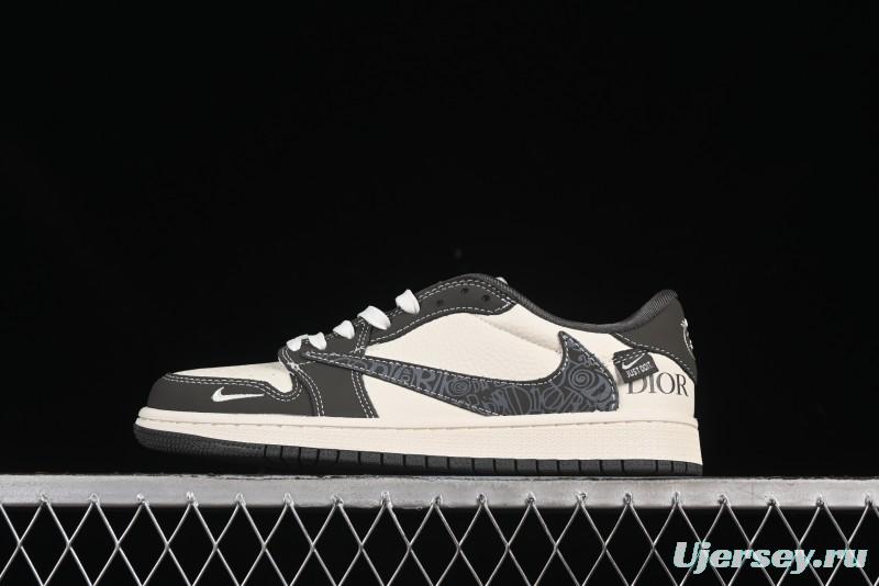 Nike Travis Scott x Fragment Design x Air Jordan 1 Low OG SP AJ1 Dior Collaboration Beige Swoosh Low-Top Casual Sneakers - XS2024-039