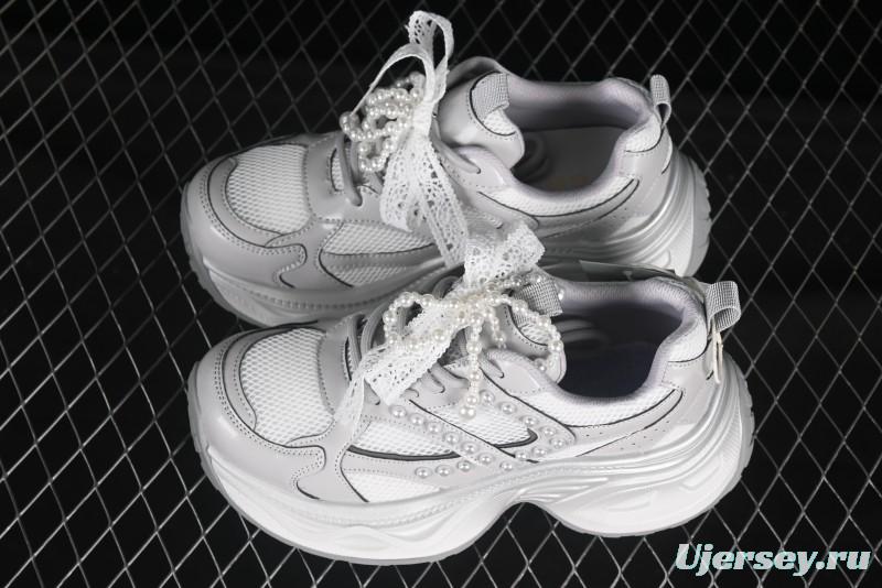 GG-CC Lace Pearl Chain Casual Platform Dad Shoes - 250310 Silver