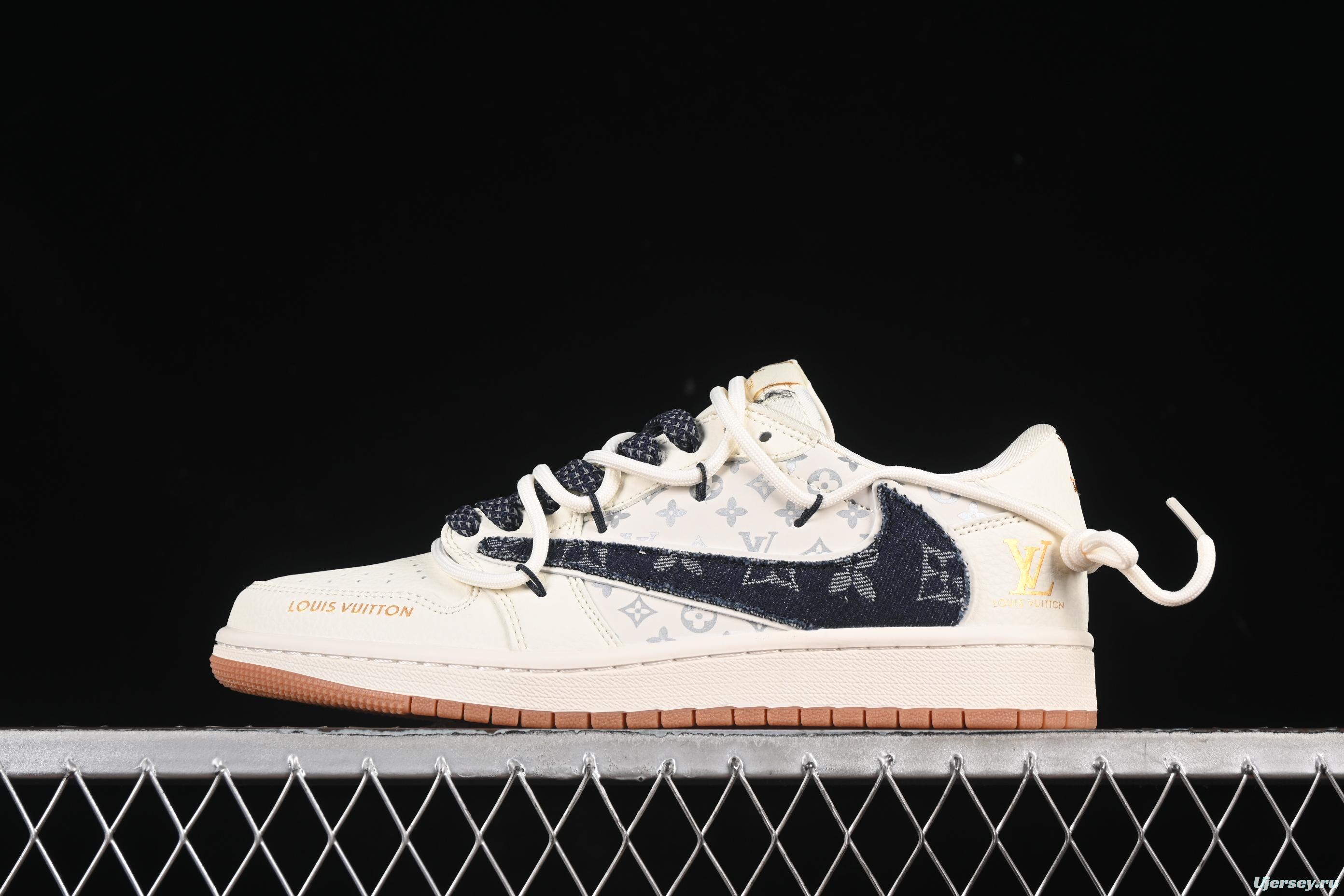 Nike Travis Scott x Fragment Design x Air Jordan 1 Low OG SP AJ1 LV Collaboration Casual Sneakers with Rubber Outsole - DM6868-110