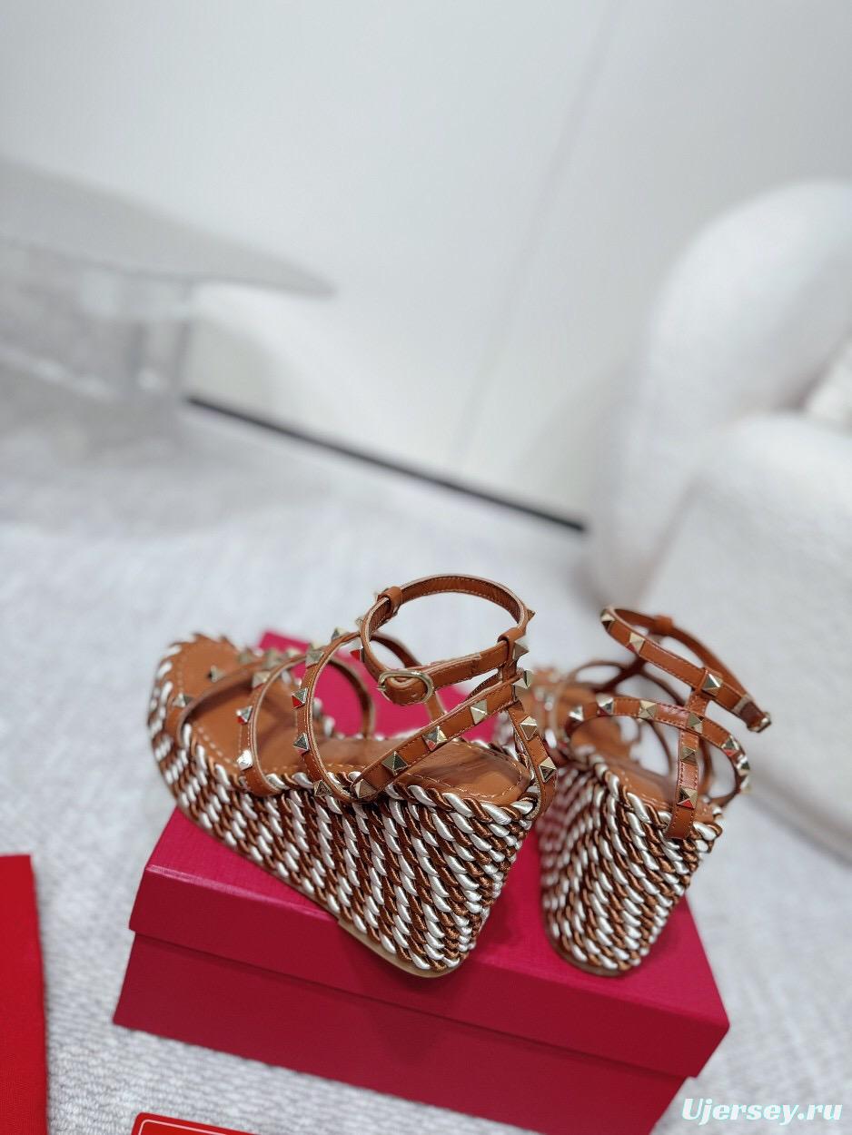 2025 Women Valentino Brown Leather Wedge Sandals Braided Cotton LY00290