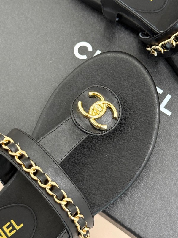2025 Women Chanel Black Leather Sandals KFY00250