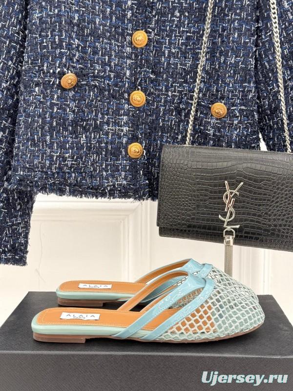 2025 Women AlAIA Light Blue White Leather Mesh Flat Slippers