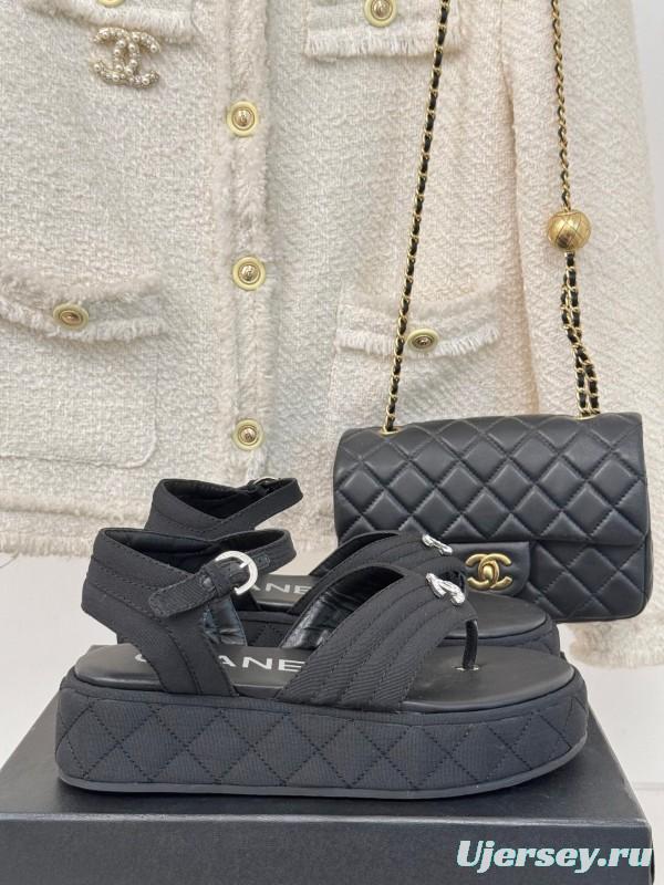 2025 Women Chanel Black Fabric Platform Sandals