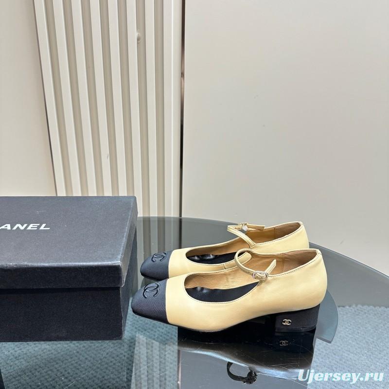 2025 Women Chanel Beige Black Leather Mary Jane Shoes KFY00290
