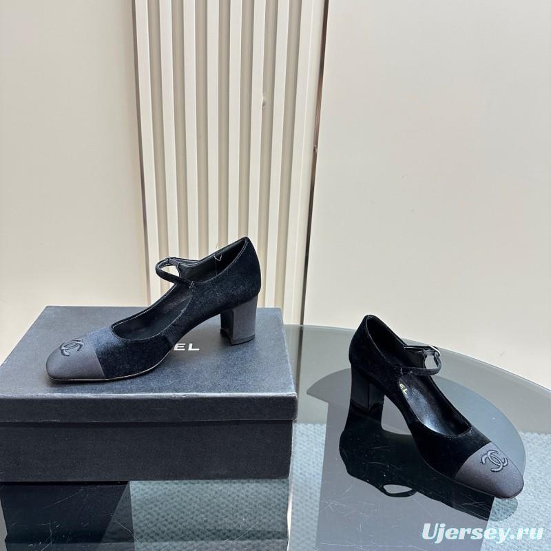 2025 Women Chanel Black Velvet Leather Mary Jane CC Logo KFY00290