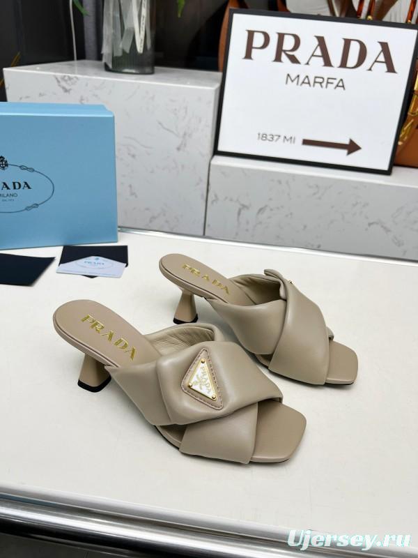 2025 Women Prada Beige Leather High Heel Sandals