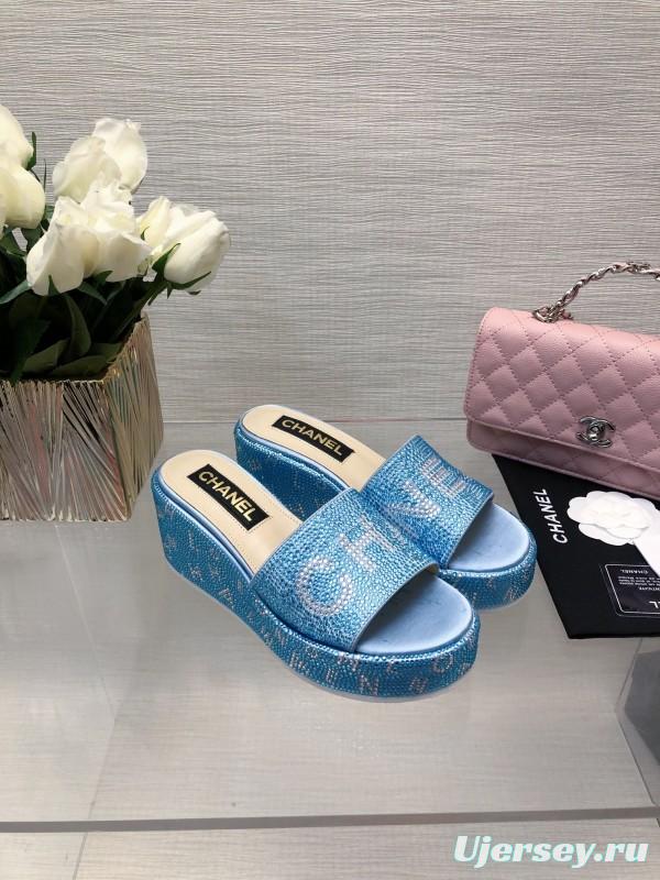 2025 Women Chanel Blue Fabric Platform Slippers LY00320