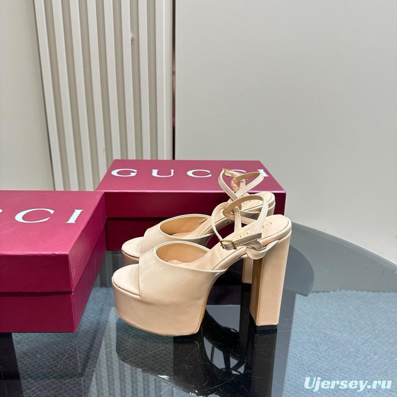 2025 Women Gucci Beige Patent Leather Platform Sandals MJ00340