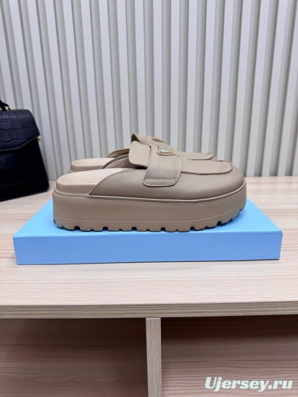 2025 Women Prada Beige Leather Slippers