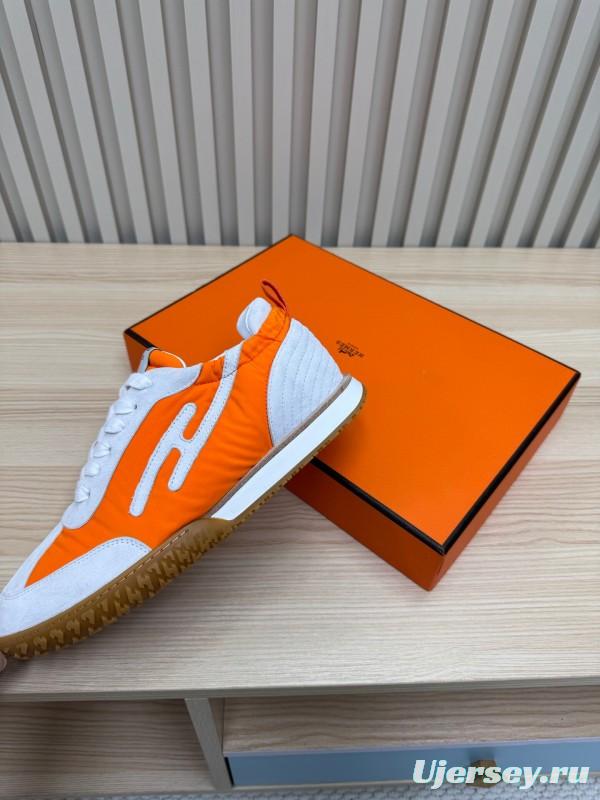 2025 Unisex Hermès Orange White Suede Nylon Sneakers Top Version LY00310