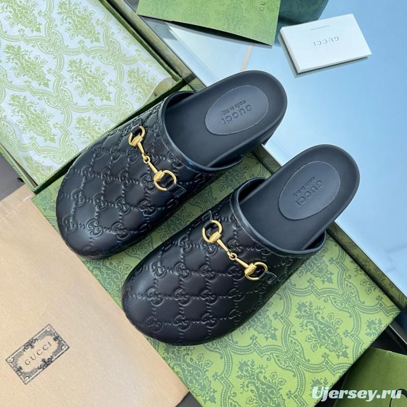 2024 Slippers Gucci Black Leather GG Pattern Horsebit MJ00280