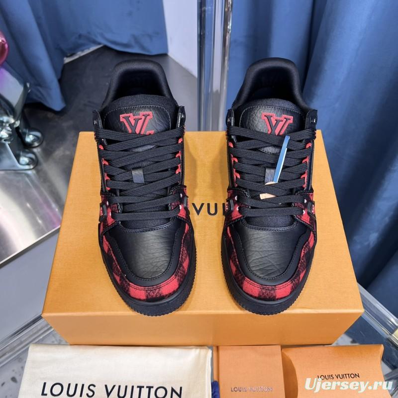 2025 Unisex Louis Vuitton Black Red Leather Sneakers