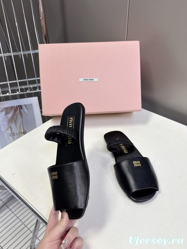 2025 Slippers Miu Miu Black Leather Slippers LY00