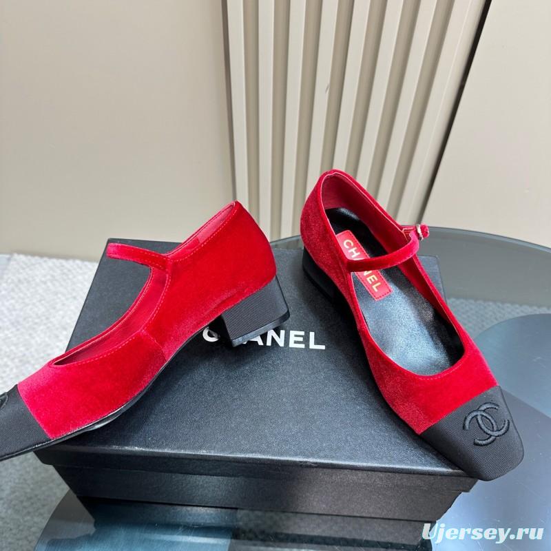 2025 Women Chanel Red Black Suede Leather Mary Jane Exclusive KFY00290