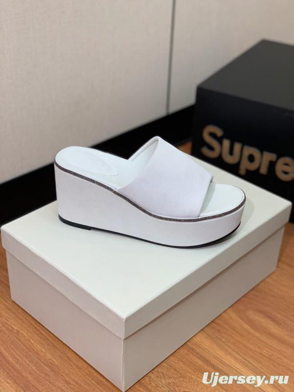 2025 Women BRUNELLO CUCINELLI White Suede Platform Slide Sandals Casual Craftsmanship LY00360(F)