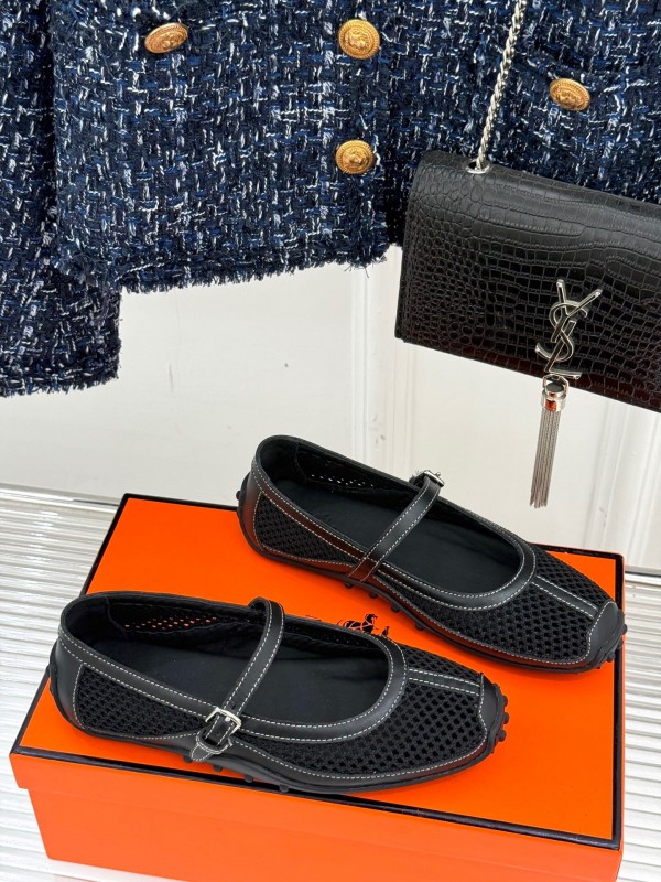 2025 Women Hermès Black Mesh Leather Mary Jane
