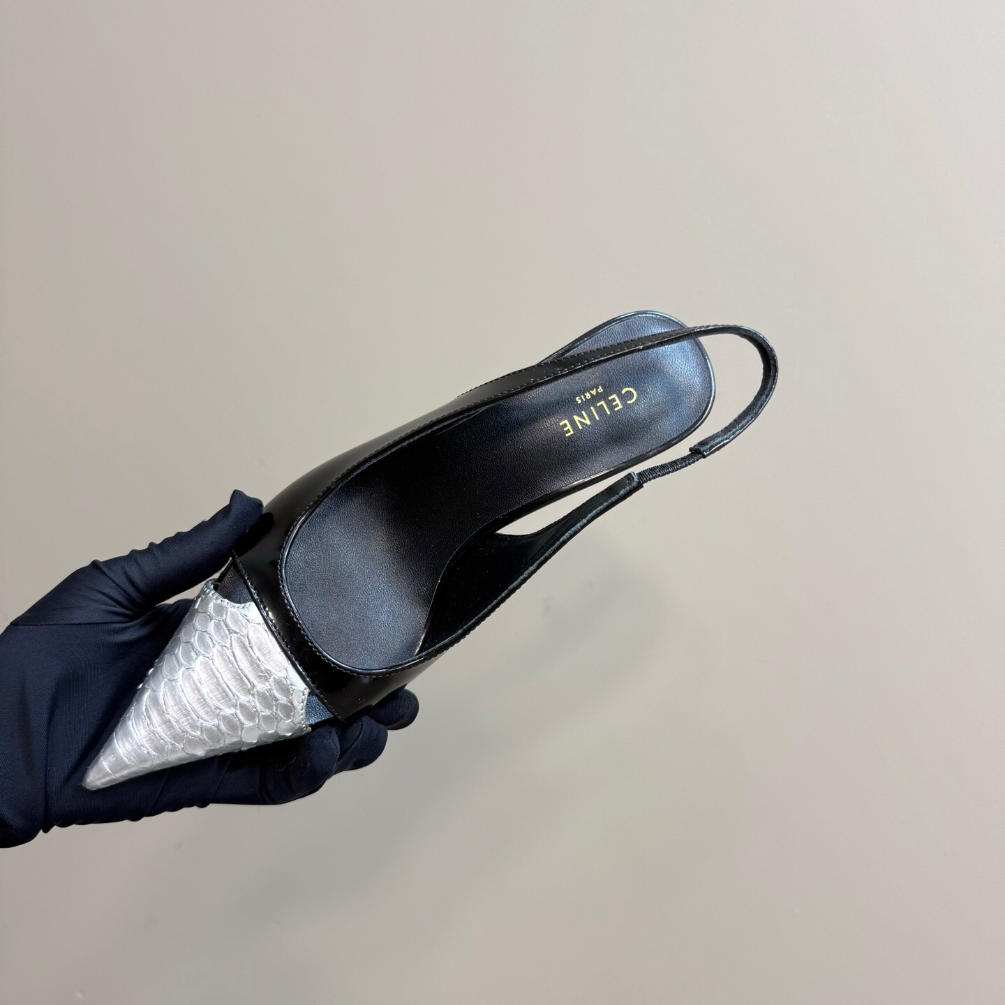 2025 Women CELINE Black White Leather Slingback Heels KFY00310