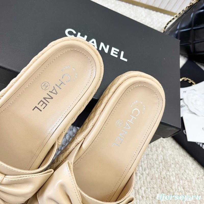 2025 Women Chanel Beige Leather Slippers Bow KFY00310