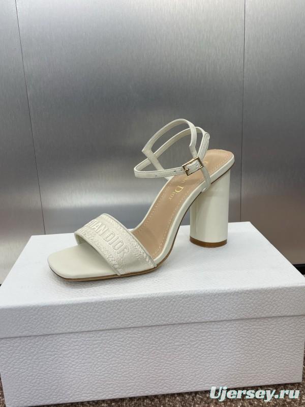 2025 Women Dior White Leather High Heel Embroidered Sandals