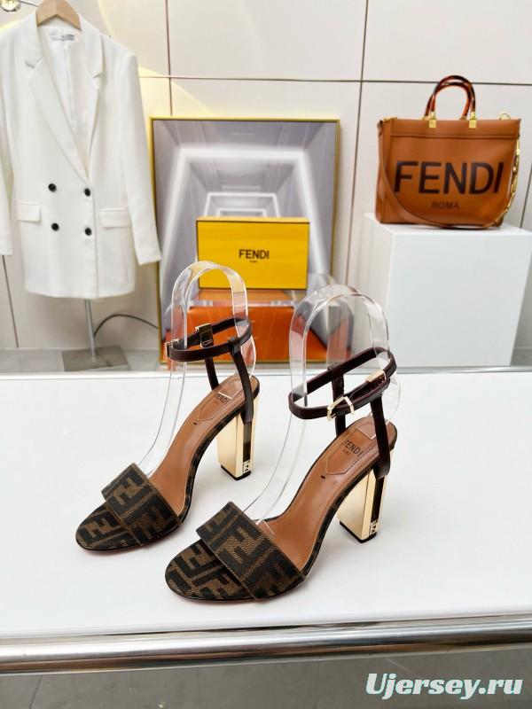 2025 Women Fendi Brown Leather Suede High Heel Sandals