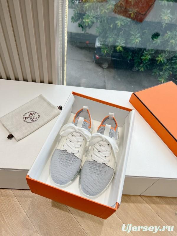 2024 Unisex Hermès Gray White Orange Calf Leather Suede Knit Sneakers MJ00290