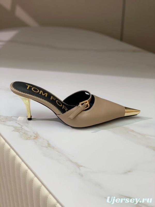 2025 Women TOM FORD Beige Gold Leather Pointed Toe Mules KFY00300
